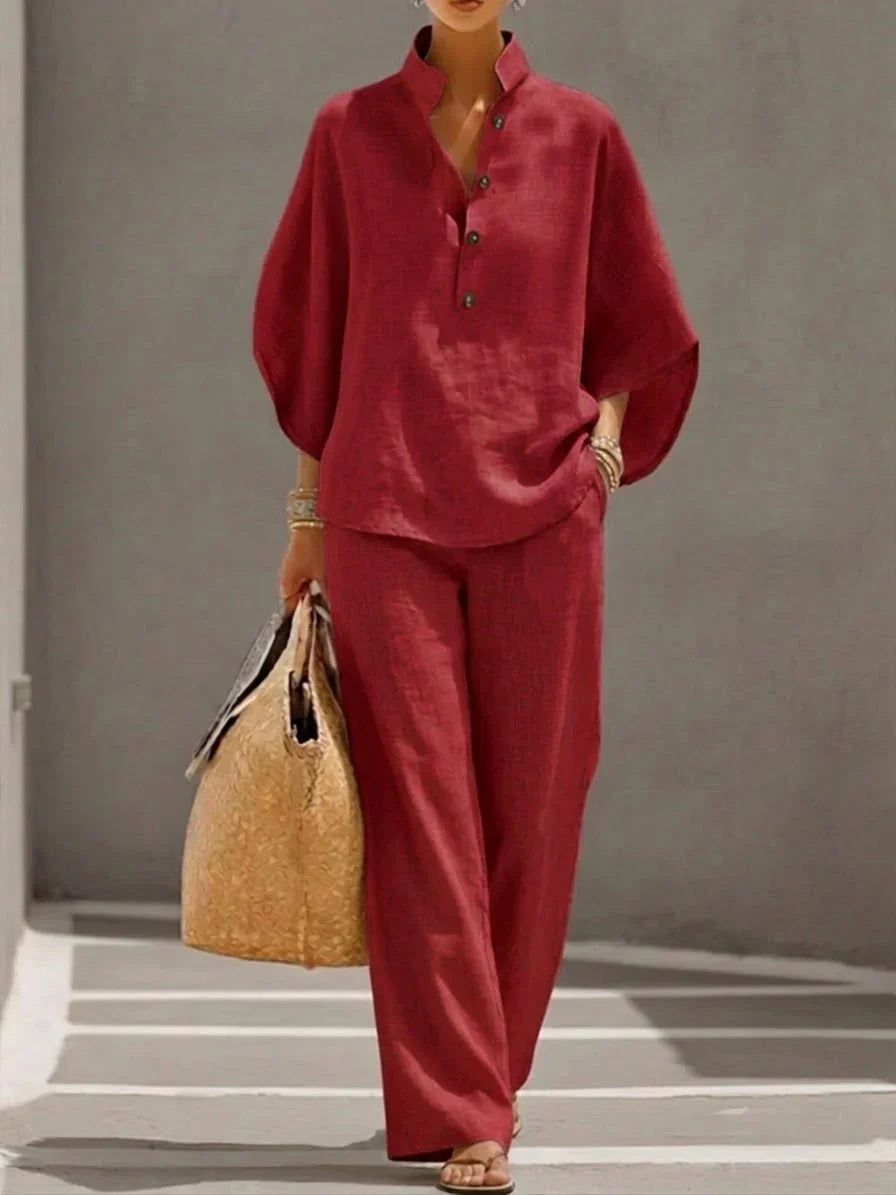 Maribel — Linen Two-Piece Set with Batwing Sleeves & Wide-Leg Trousers