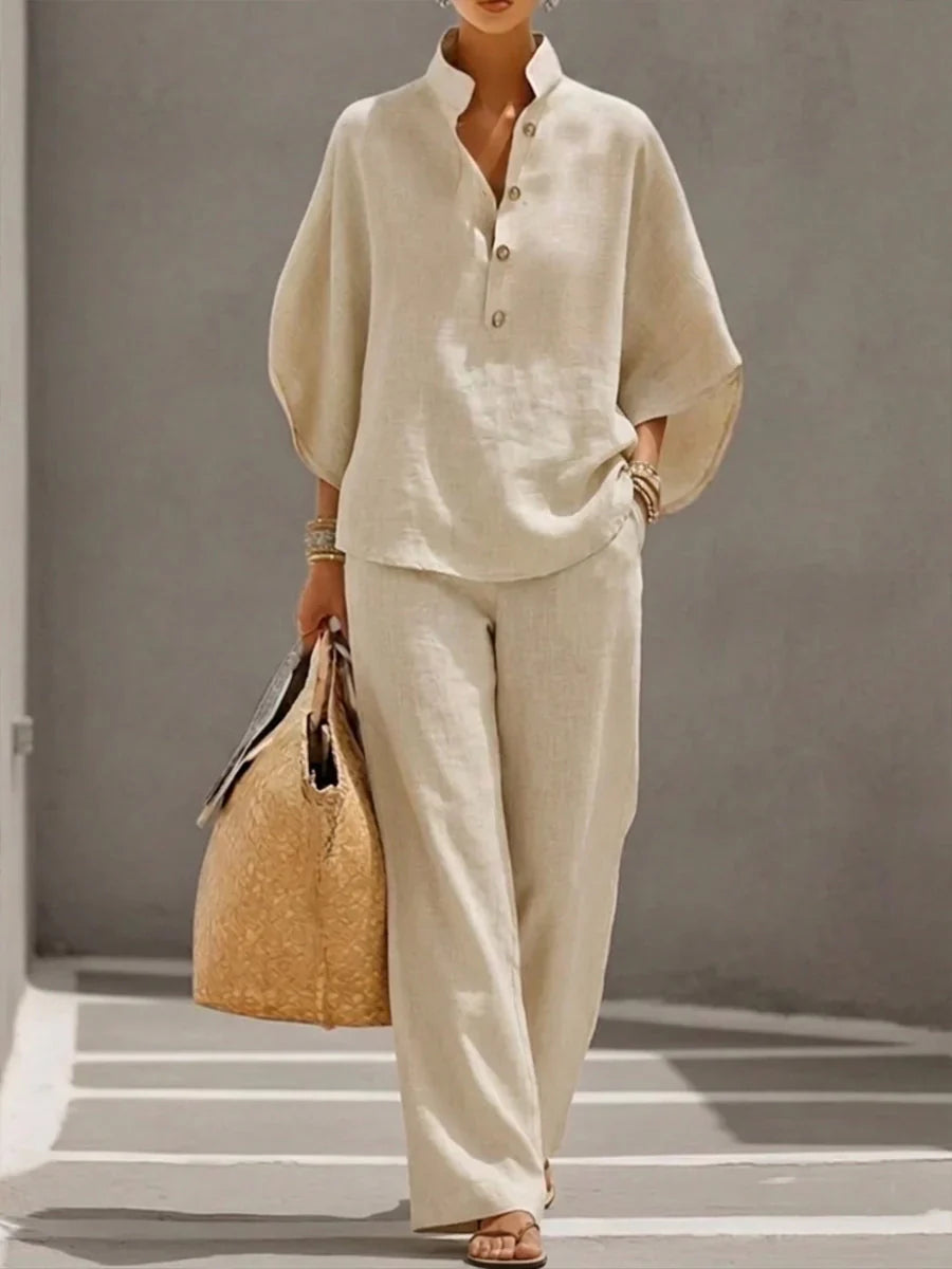 Maribel — Linen Two-Piece Set with Batwing Sleeves & Wide-Leg Trousers