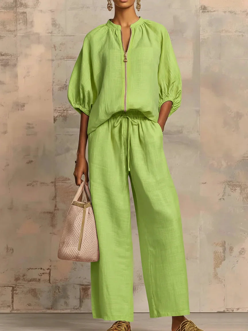 Alba — Two-Piece Set: Relaxed Button Shirt & Wide-Leg Trousers
