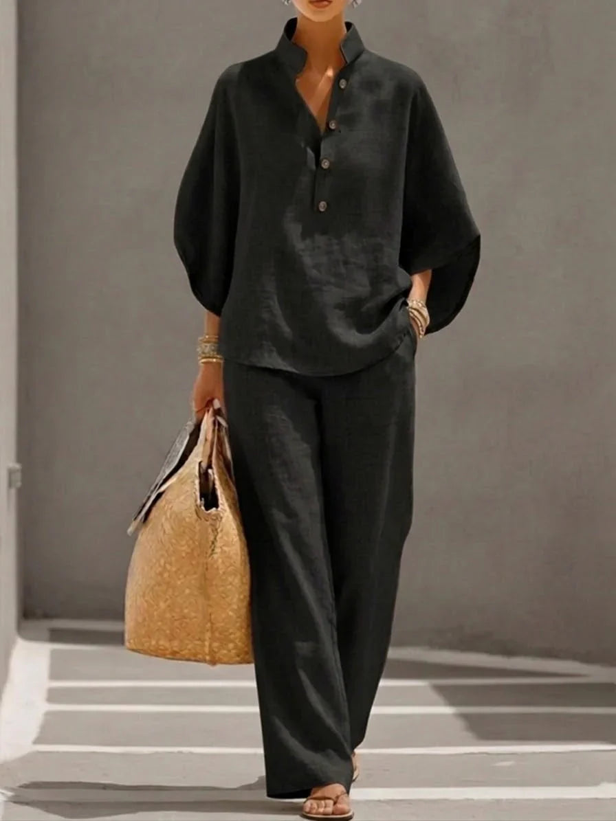 Maribel — Linen Two-Piece Set with Batwing Sleeves & Wide-Leg Trousers