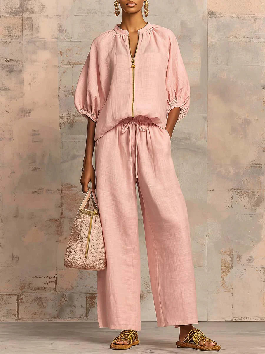 Alba — Two-Piece Set: Relaxed Button Shirt & Wide-Leg Trousers