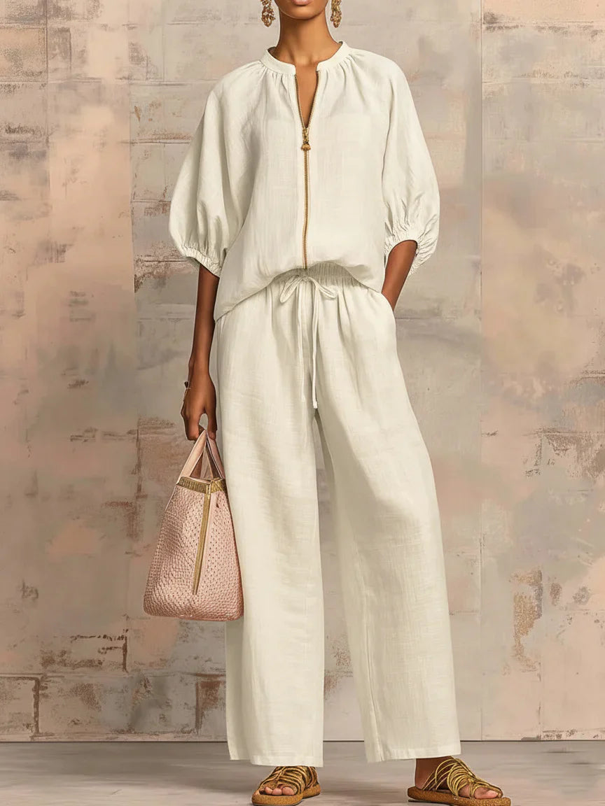 Alba — Two-Piece Set: Relaxed Button Shirt & Wide-Leg Trousers