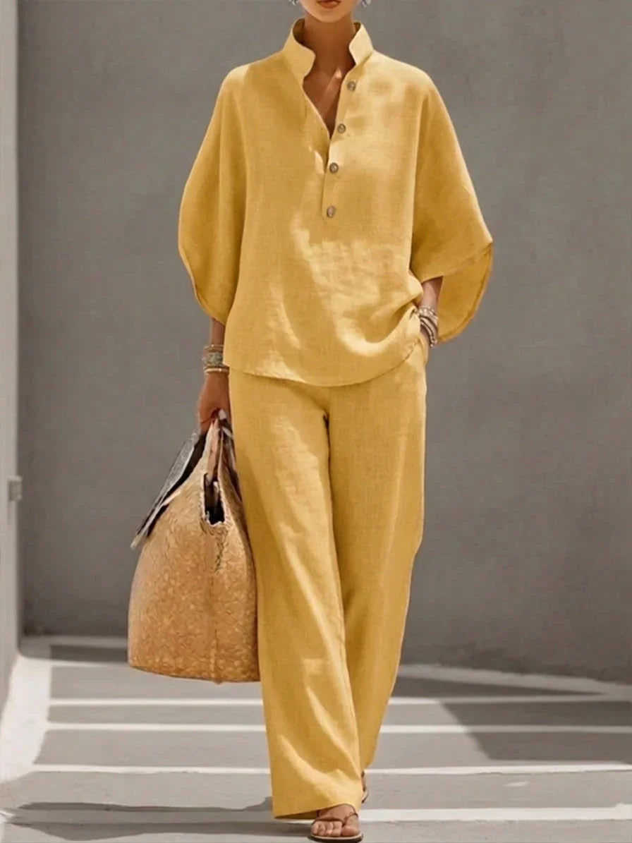 Maribel — Linen Two-Piece Set with Batwing Sleeves & Wide-Leg Trousers
