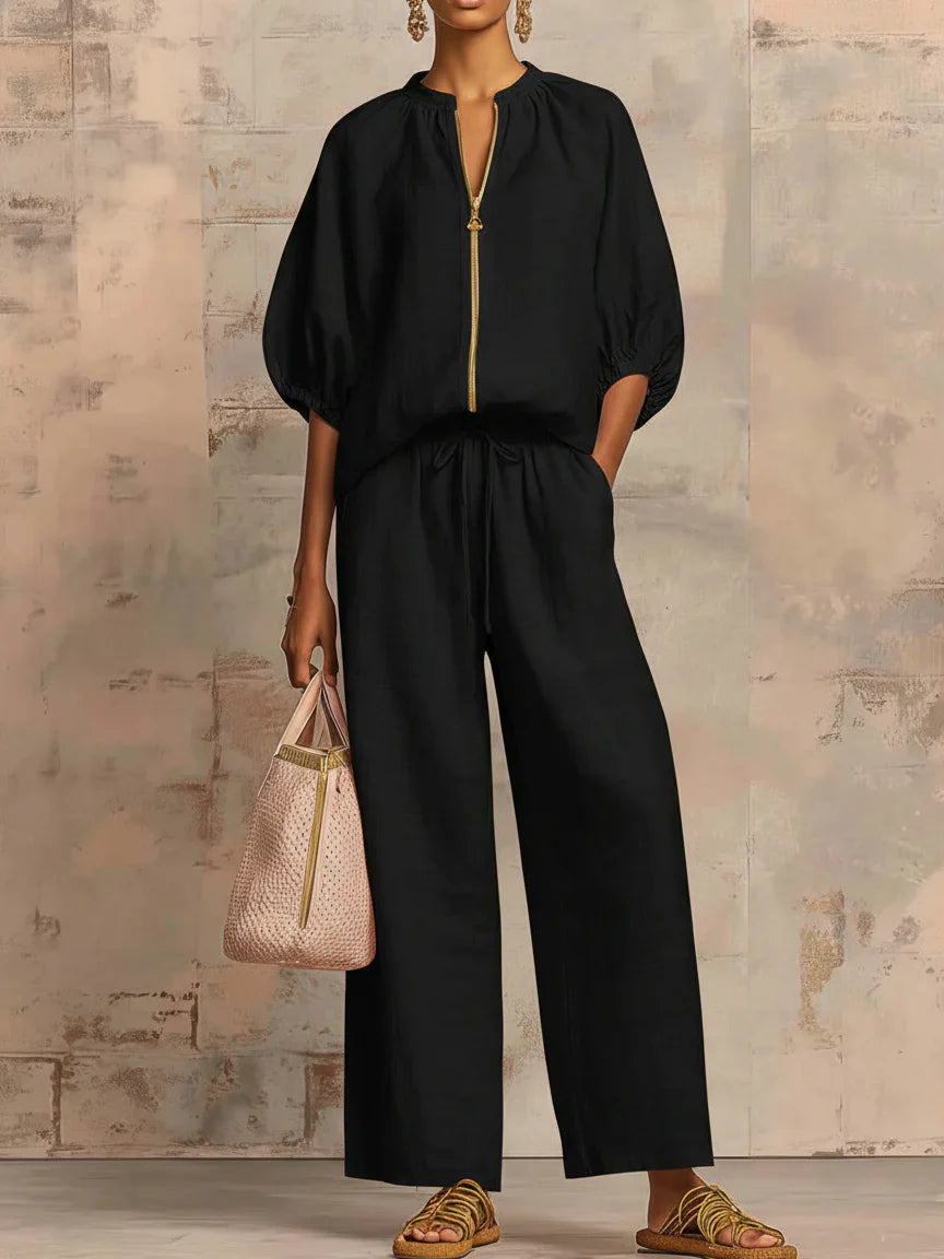 Alba — Two-Piece Set: Relaxed Button Shirt & Wide-Leg Trousers