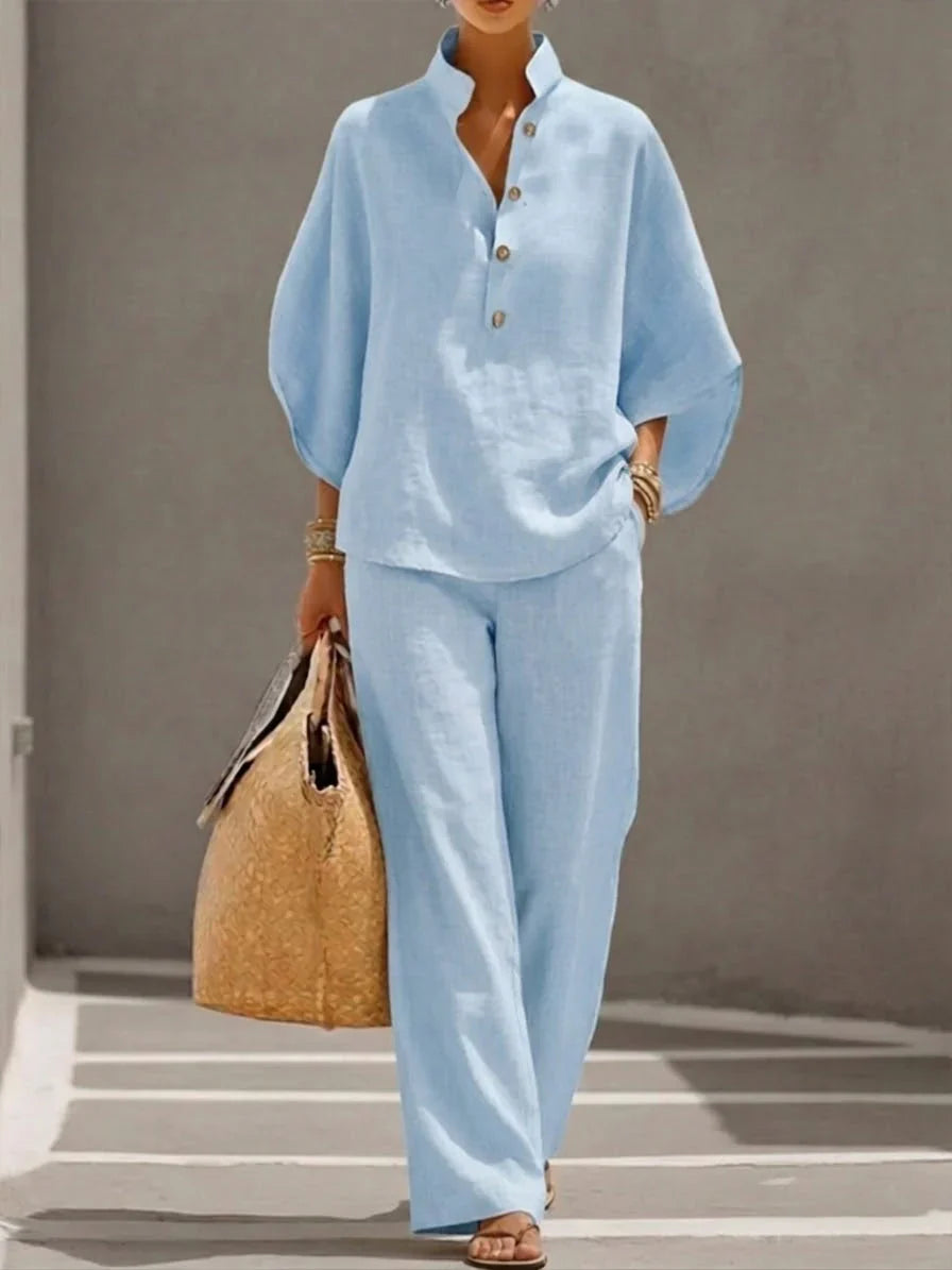Maribel — Linen Two-Piece Set with Batwing Sleeves & Wide-Leg Trousers