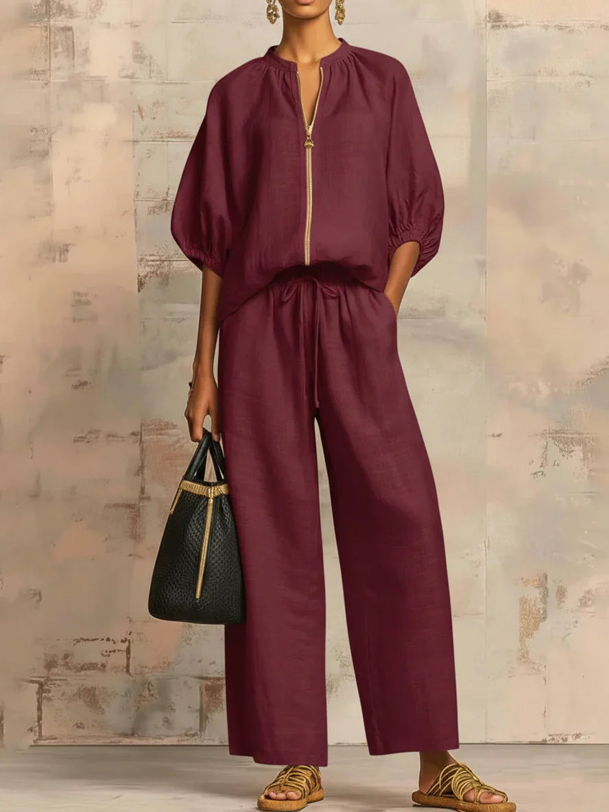 Alba — Two-Piece Set: Relaxed Button Shirt & Wide-Leg Trousers