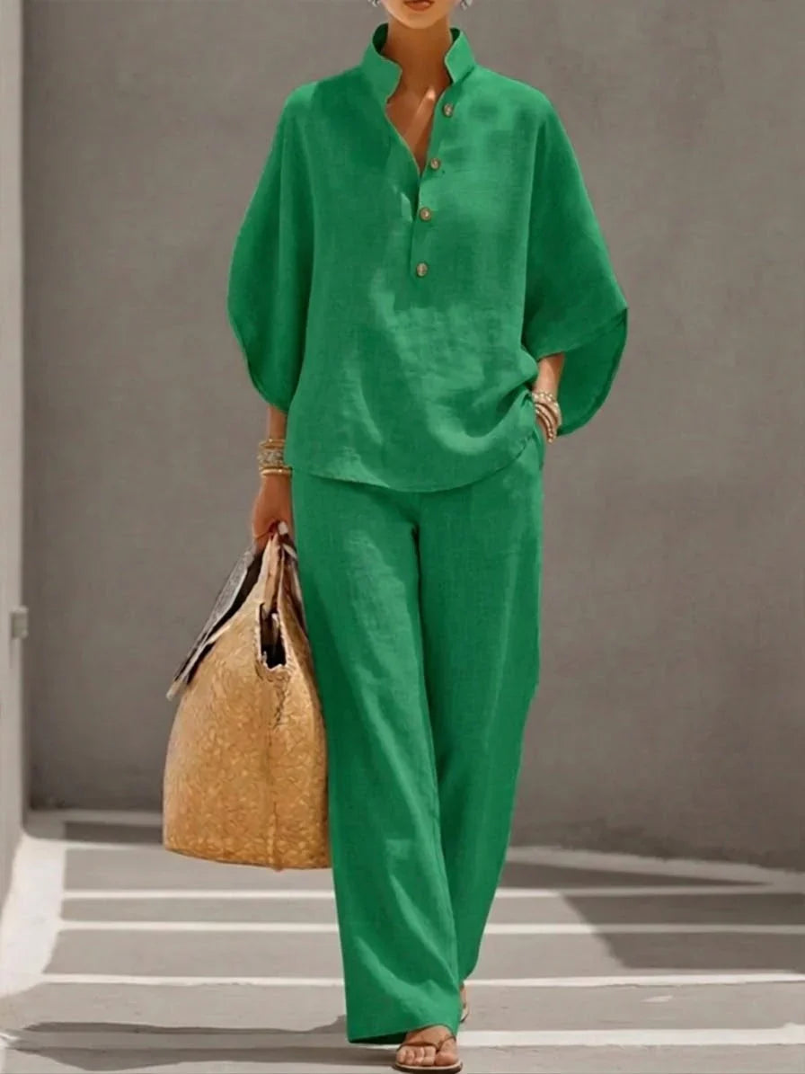 Maribel — Linen Two-Piece Set with Batwing Sleeves & Wide-Leg Trousers