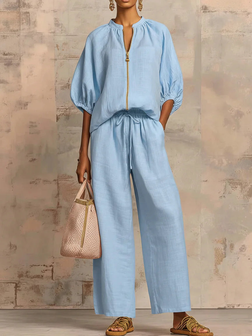 Alba — Two-Piece Set: Relaxed Button Shirt & Wide-Leg Trousers